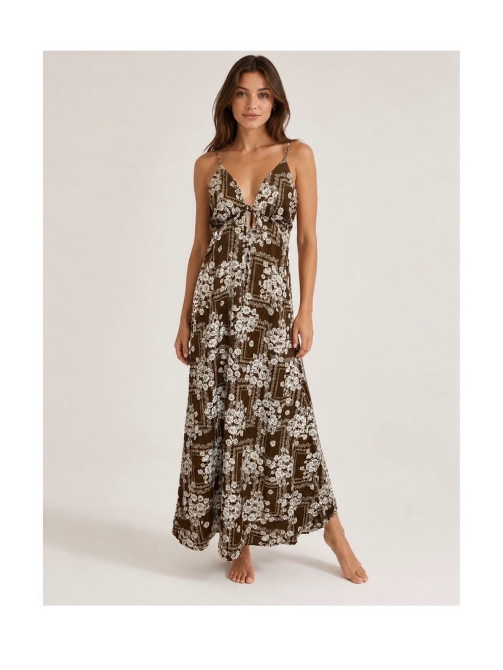 Brown and White Floral Slip Dress with Spaghetti Straps